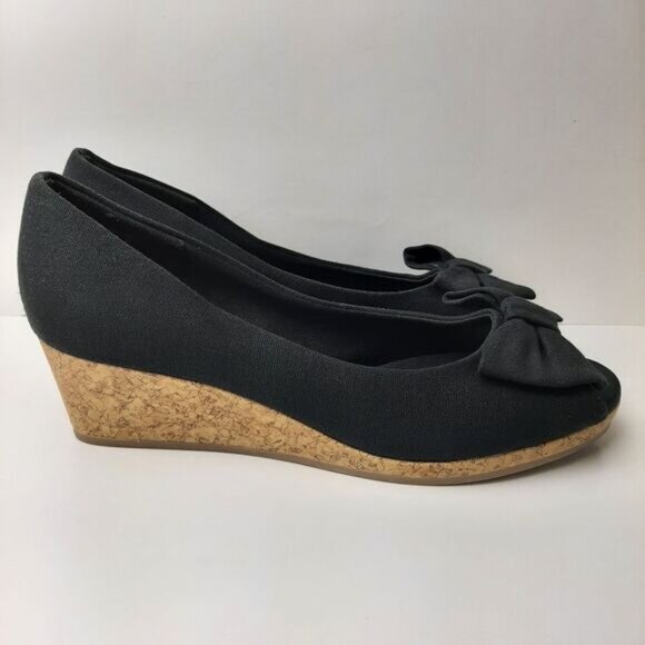 AMERICAN EAGLE AE New Peep Toe Bow Espadrille Cork Wedge Shoe Heels Black Sz 4.5 - Picture 4 of 13
